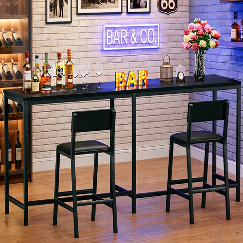 Miniatura 9 de HUAHUU Juego de mesa de bar y sillas para 2-4, mesa de cocina convertible en forma de L de 63 pulgadas con tomas de corriente, mesa de comedor