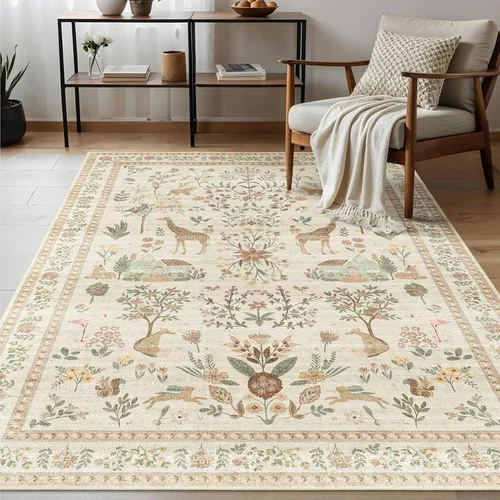 Miniatura 15 de Alfombra de área de 5 x 7 pies para sala de estar, alfombra verde boho antideslizante lavable, alfombra vintage de pelo bajo, alfombra grande