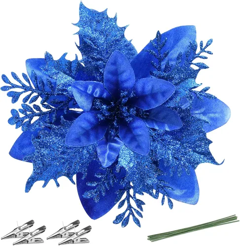 Miniatura 8 de FurRain Flores Artificiales de Navidad de Poinsettia 5.5" Guirnalda de Árbol de Navidad 12 Piezas Flores con Brillantina Adornos para Navidad Nueva