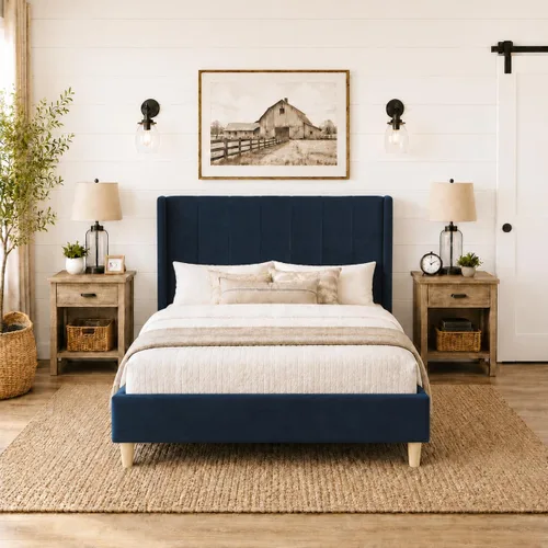 Miniatura 23 de Upholstered Bed Frame with Wingback Headboard and Wood Slats (Beige-Linen, Twin)
