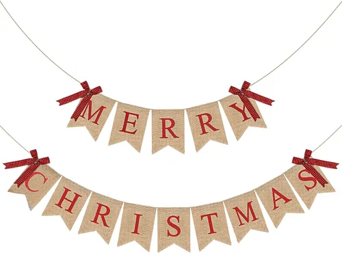 Miniatura 8 de Tatuo Merry Christmas Banner Xmas Burlap Bunting Garland Christmas Decorations for Fireplace Chimney Wall Tree Party Indoor Outdoor Party Office