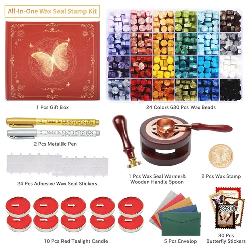 Miniatura 3 de Kit de Sellado de Cera con Caja de Regalo, 630 Piezas de Cuentas de Sellado de 24 Colores, Sello de Mariposa, Calentador de Cera de Sellado, Sobres