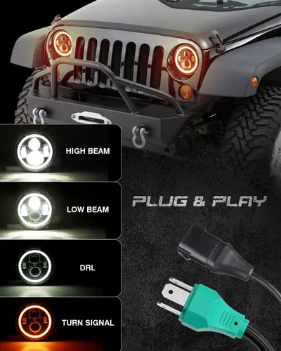 Miniatura 3 de Faros delanteros LED redondos de 7 pulgadas con adaptador Switchback para señal de giro ámbar blanca DRL compatible con Jeep Wrangler JK JKU