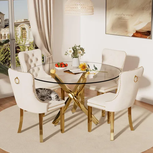 Miniatura 17 de Juego de mesa de comedor redonda de cristal moderno de mediados de siglo para 4, juego de vajilla circular de lujo plateado de 5 piezas, juego