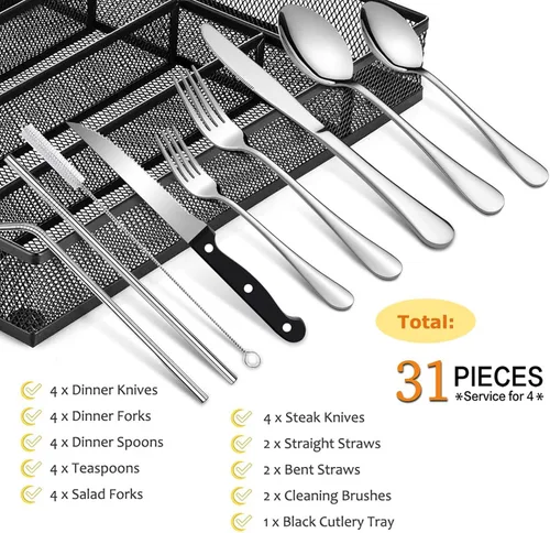 Miniatura 2 de E-far - Juego de cubiertos de 31 piezas de acero inoxidable para 4 personas con organizador de utensilios, incluye tenedores, cucharas, cuchillos