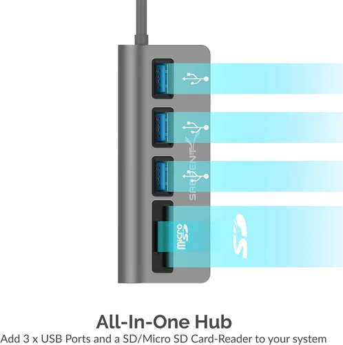 Miniatura 6 de SABRENT Hub USB-C 3.0, Lector de Tarjetas SD USB 5 en 1, Ranura Dual SD y TF + Hub USB 3.0 de 3 Puertos Portátil Compatible con MacBook, Mac