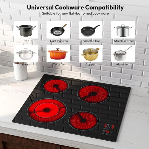 Miniatura 5 de Empava Cocina eléctrica de 24 pulgadas, 4 quemadores con zona de doble anillo, temporizador, bloqueo para niños, parar y continuar, vidrio cerámico