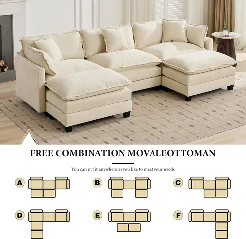 Miniatura 9 de Sofá seccional modular beige de 111.5", sofás seccionales grandes de 3 plazas para sala de estar, tela de chenilla marfil blanquecino, sofá nube