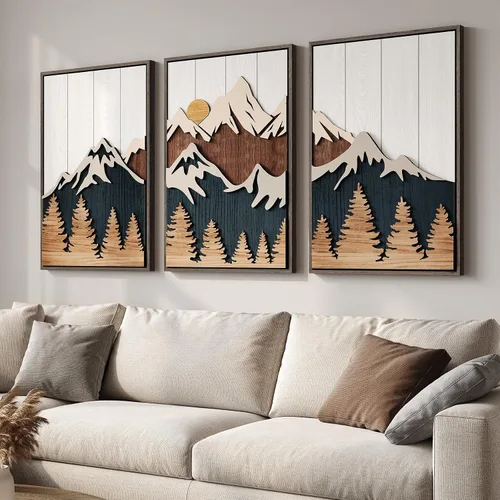 Miniatura 14 de Arte de pared de madera 3D con textura bohemia 3D para dormitorio, 3 piezas de arte de madera tallada botánica tropical para paredes, hoja de Marrón