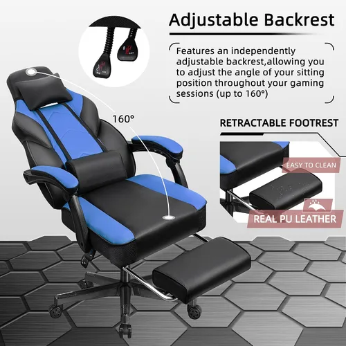 Miniatura 5 de Silla de juego Shintenchi, silla para videojuegos con reposapiés y soporte lumbar de masaje, silla de juego ajustable en altura con asiento