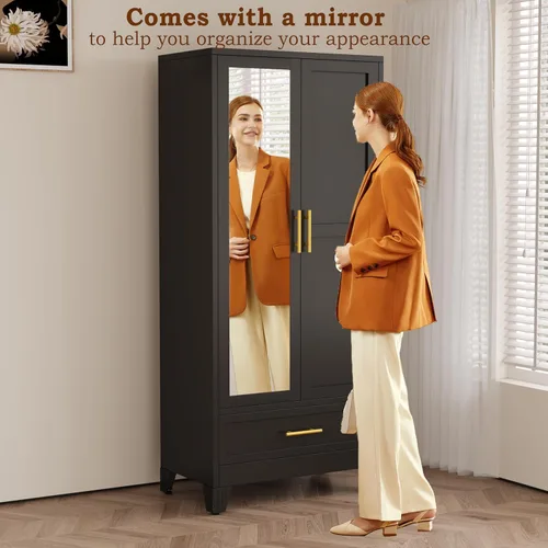 Miniatura 4 de RIETERN Armario Ropero de Metal, 71" de Alto Armario de Dormitorio con Espejo, 1 Cajón, Estantes Ajustables, y Barra para Colgar, Armarios de Acero