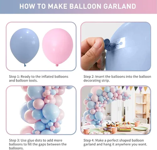 Miniatura 7 de Kit de arco de globos rosa y azul, kit de guirnalda de 100 globos azul claro rosa macarrón para revelación de género, globos de diferentes tamaños