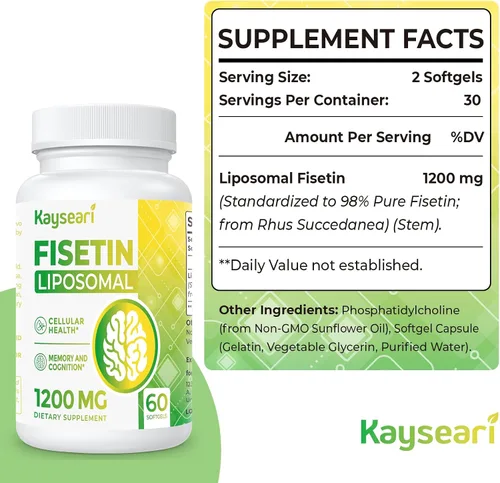 Miniatura 2 de Fisetin 1200mg Fisetin Liposomal Suplementos 98% Pure Fisetin Polifenoles Antioxidantes Inmunidad Salud Envejecimiento Apoyo cognitivo Sin OGM 60