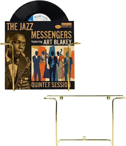 Miniatura 6 de MyGift - Estantes de pared de alambre metálico para discos de vinilo modernos, portadiscos LP colgantes, estantes flotantes para cubiertas de Latón