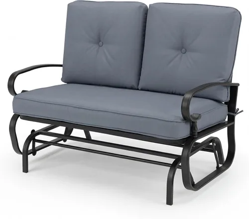 Miniatura 10 de Tangkula Silla mecedora para exteriores, banco planeador de patio para 2 personas, sofá biplaza mecedora para exteriores con marco de acero y Azul