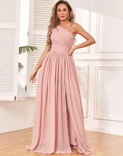 Miniatura 2 de MXODI One Shoulder Bridesmaid Dress with Slit Chiffon Long Formal Dresses with Pockets