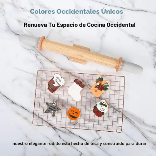 Miniatura 7 de Geesta - Rodillo de madera ajustable con 5 anillos de grosor, diseño de mango de prensa de rodillo de masa preciso con guía de medición para Western