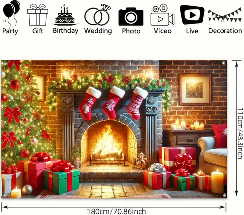 Miniatura 3 de BlissYard Cartel de Feliz Navidad de 71 x 43 pulgadas, fondo rojo y dorado, caja de regalo, fondo de fotografía, fondo de fotografía para interiores