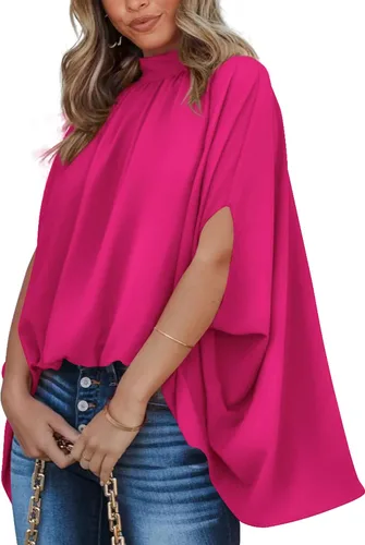 Miniatura 60 de BTFBM Blusas de verano para mujer, cuello alto falso, manga murciélago, holgadas, dobladillo alto y bajo, blusas informales de gran