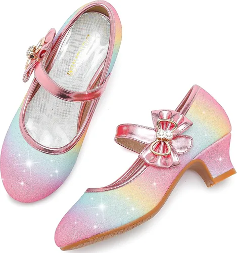 Miniatura 3 de Dufannie Zapatos de vestir para niñas, zapatos de tacón bajo de princesa, zapatos planos con purpurina para bodas y fiestas