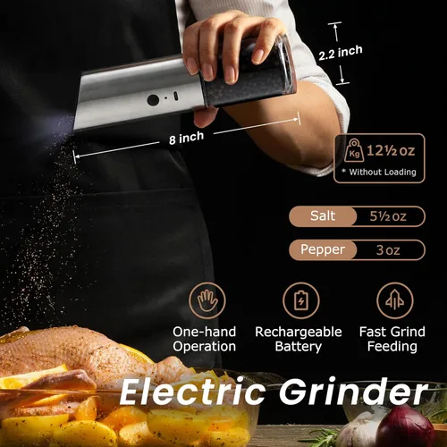 Miniatura 2 de VEVOK CHEF Juego de molinillo eléctrico de sal y pimienta, recargable con luz LED, tipo C, gravedad automática, acero inoxidable, molino
