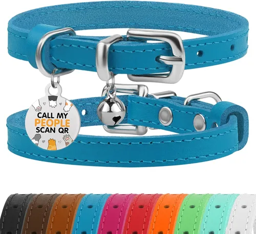 Miniatura 22 de BRONZEDOG Collar de cuero para gato con campanas extraíbles sin liberación rápida, etiqueta QR para gatito para niña y niño