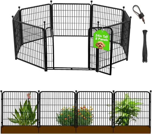 Getlay Vallas Decorativas de Jardín de 24 pulgadas (H) con Puerta, 8 Paneles Total 15.7 pies (L) Valla de Barrera de Hierro Resistente para Animales