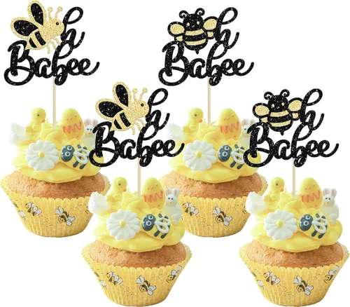 24 adornos para cupcakes de abejorro con purpurina Oh Babee, decoraciones para temática de abejas, baby shower, niños, suministros de decoración de