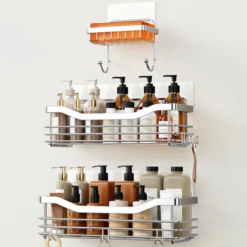 Miniatura 10 de Orimade Cesta de ducha con 5 ganchos, organizador de baño, estante de almacenamiento de cocina, adhesivo montado en la pared, sin perforaciones
