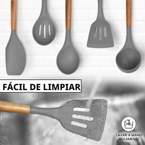 Miniatura 7 de Zulay Kitchen Juego de utensilios de cocina de silicona antiadherente con auténticas asas de madera de acacia, juego de utensilios de cocina de 5