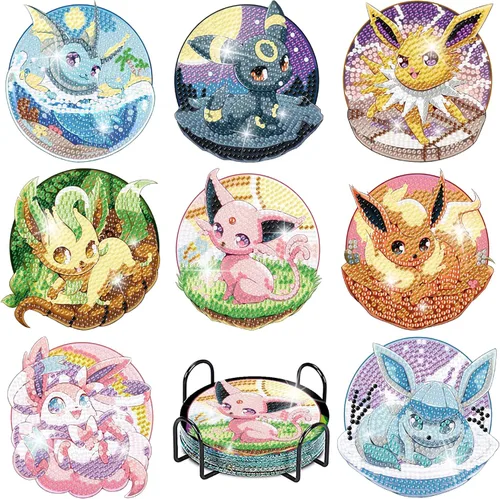 LWZAYS Kit de posavasos de pintura de diamante, paquete de 8 posavasos de arte de diamantes de dibujos animados con soporte, kits de manualidades