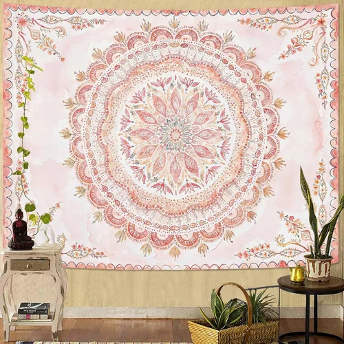 Miniatura 48 de Fowocu Tapiz bohemio con mandala floral para colgar en la pared, medallón de flores bohemias, tapiz estético, beige, naranja, hippie, indio, pequeño