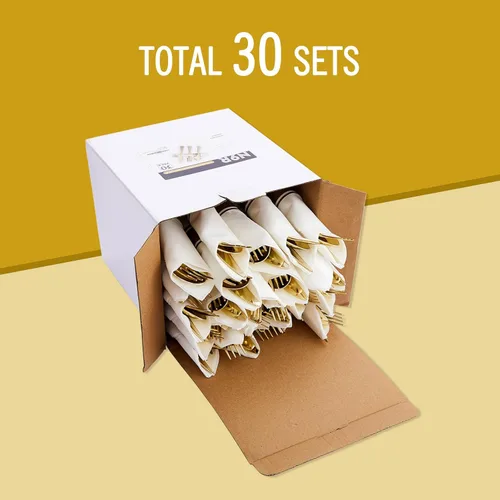 Miniatura 7 de N9R Juego de 30 cubiertos de plástico dorado preenrollados, juego de cubiertos de plástico envuelto con 30 tenedores, 30 cuchillos, 30 cucharas y 30