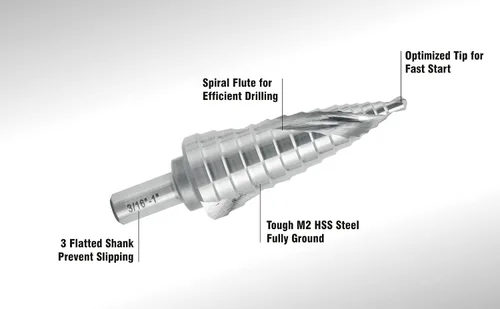 Miniatura 4 de Broca escalonada industrial HSS 3/16" a 1" con vástago de 3/8", flauta espiral doble con tamaño de 14 pasos