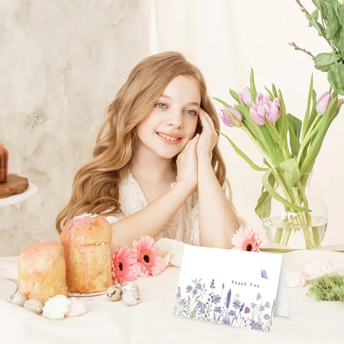 Miniatura 7 de AnyDesign Paquete de 24 tarjetas de agradecimiento de flores silvestres a granel, tarjetas de felicitación de flores moradas con adhesivo de sobre