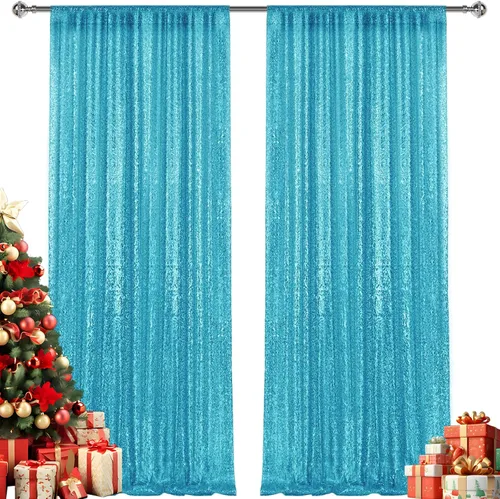 Miniatura 45 de 2 paneles de cortinas de fondo de lentejuelas verdes de 8 pies, cortinas de fondo de fotografía con purpurina para decoración de Navidad, boda