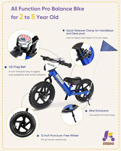 Miniatura 7 de KRIDDO Bicicleta de Equilibrio Pro para Niños Pequeños de 2+ Años con Freno de Mano y Pata de Cabra, Bicicleta de Empuje de 12 Pulgadas, Bicicleta