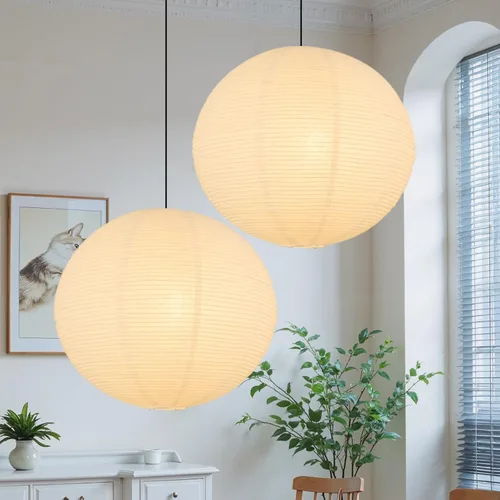 Juego de 2 pantallas de lámpara de linterna de papel redonda blanca, pantalla de luz colgante de linterna de papel grande de 20"x20", diseño