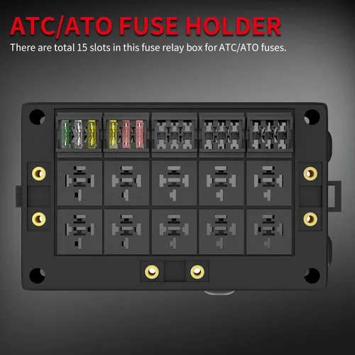 Miniatura 4 de DAIERTEK Caja de relé de fusibles de 12 V, automotriz, 10 ranuras, soporte de relé de 15 ranuras, soporte de fusibles ATC/ATO, bloque universal