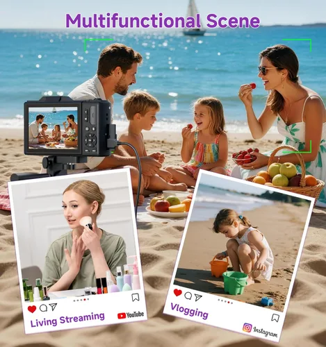 Miniatura 8 de Cámara digital 5K para fotografía, cámara digital de 80 MP con pantalla abatible de 3 pulgadas y 180° con zoom de 18X, tarjeta SD de 64 GB, cámara