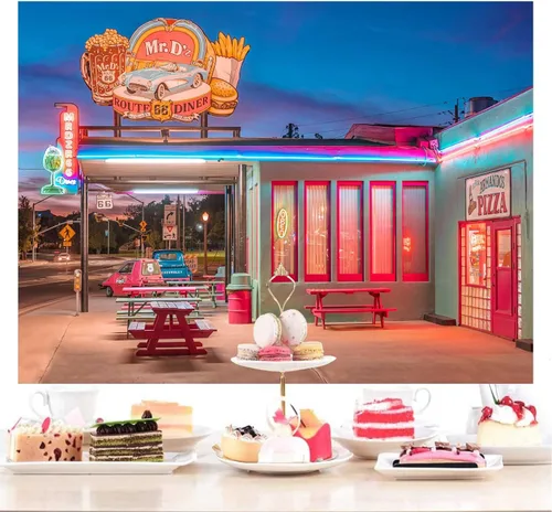Miniatura 6 de Telón de fondo retro para restaurante de 10 x 7 pies, ruta 66, tienda de conveniencia, luces de neón de calle, fondo nostálgico, de los años 50
