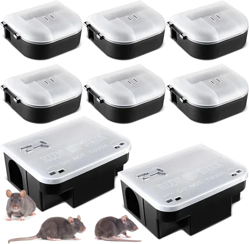 Qualirey Paquete de 8 cajas de estación de cebo para ratas con tapas transparentes y llaves, incluye 2 estaciones grandes de cebo para ratones, 6