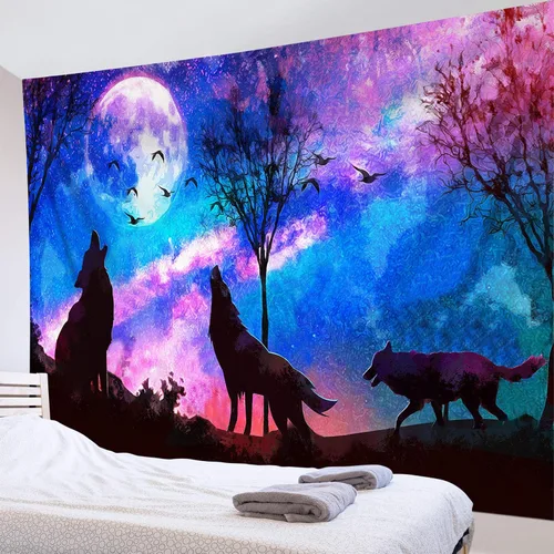 Miniatura 12 de HVEST Tapiz de lobo púrpura azul psicodélico cielo estrellado tapices luna y montañas paisaje natural para colgar en la pared para dormitorio, sala