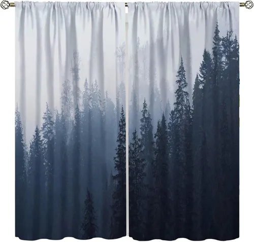 Miniatura 7 de Cortina de árbol de bosque verde, pino, coníferas, bosque, acuarela, oscurecimiento de habitación, ventana, bolsillo para barra, cortina
