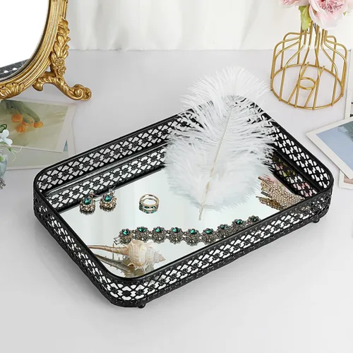Miniatura 6 de ELLDOO - Bandeja negra para perfumes y maquillaje, bandeja de joyería con talla hueca, organizador de vidrio y metal para baratijas para cómoda
