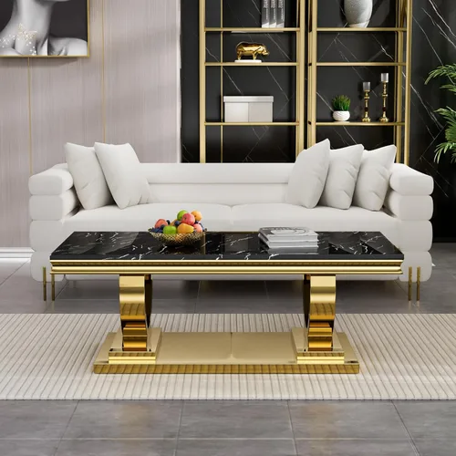 Miniatura 60 de SSLine Mesa de Centro Rectangular de Mármol Sintético para Sala de Estar, Mesa Central Moderna de Mármol Blanco de Lujo con Base Doble en Forma de U