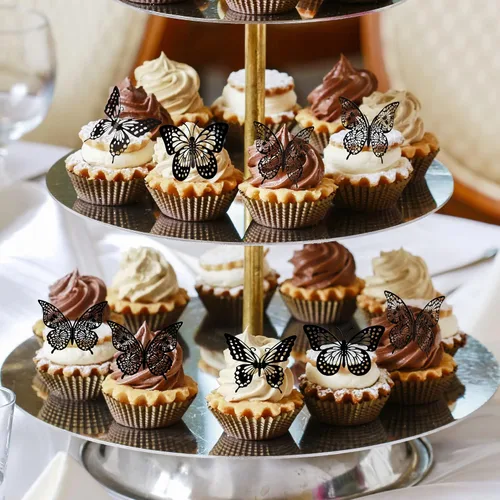 Miniatura 8 de Gyufise Paquete de 36 adornos de mariposa 3D con láser negro para cupcakes, decoración hueca para cumpleaños, boda, fiesta de hadas, calcomanías