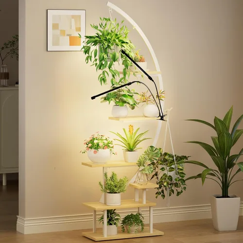 Miniatura 9 de GREENSTELL Soporte para plantas de interior con luces de crecimiento, soporte de metal alto de 7 niveles para plantas de interior, estante de Marrón