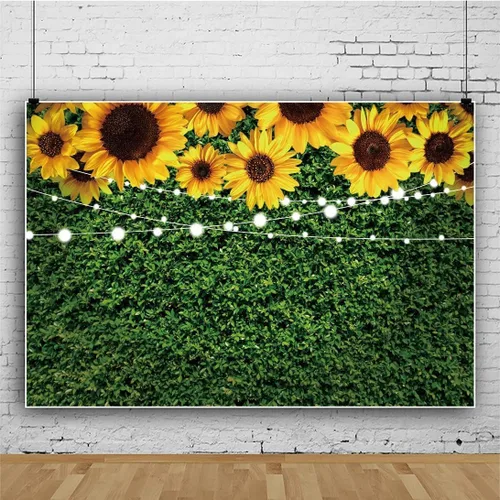 Miniatura 2 de Yeele Fondo rústico de hojas verdes de girasol de 10 x 8 pies, luces de encaje para fotografía de cumpleaños, baby shower, boda, aniversario, recién