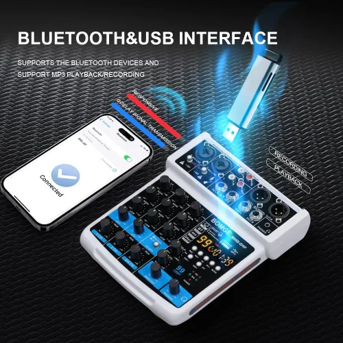 Miniatura 2 de BOMGE Consola Mezcladora de Audio Profesional de 4 Canales, Consola de Mezcla de Sonido con USB, Bluetooth, Grabación Estéreo, Alimentación Fantasma